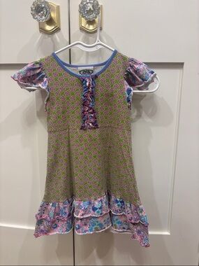 Plit & flitter- Girls Floral Patchwork Ruffle Dress - Green & Pink